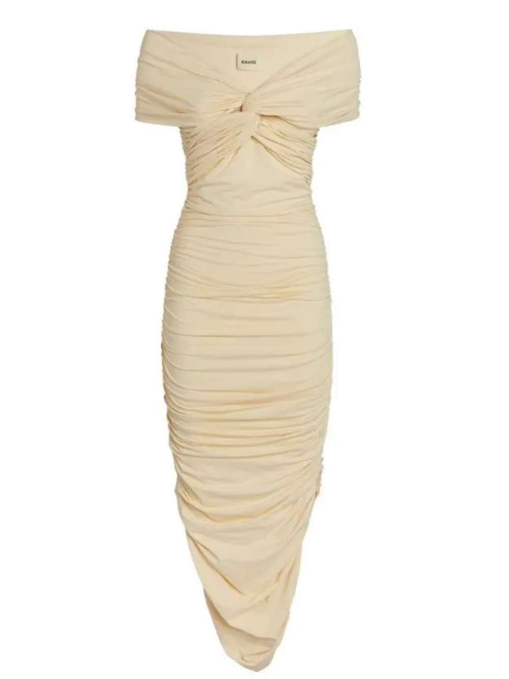 KHAITE Spence dress in cream, featuring a ruched design and an off-the-shoulder